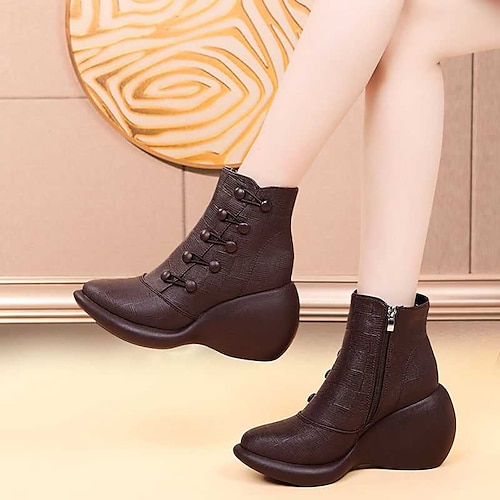 

Mujer Botas Zapatos Confort Exterior Diario Botines Botines Hebilla Tacón Cuña Dedo redondo Moda Minimalismo PU Cremallera Color sólido Brillante Negro Negro Marrón