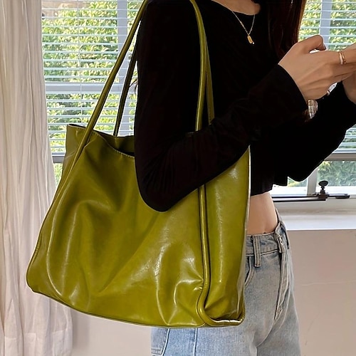 

Women's Handbag Tote Shoulder Bag PU Leather Daily Large Capacity Waterproof Solid Color Black White Green