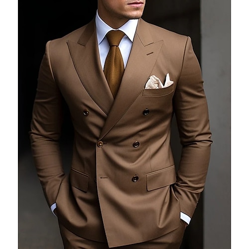 

Brown Men's Wedding Suits Solid Colored 2 Piece Plus Size Tailored Fit Double Breasted Six-buttons 2023