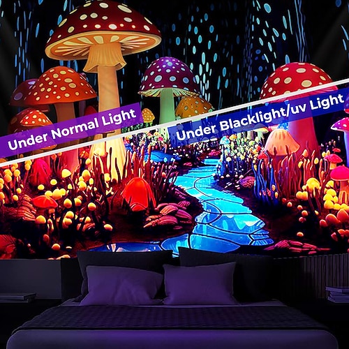  cogumelo fantasia luz negra tapeçaria brilha no escuro festa brilhante uv reativo psicodélico paisagem natural tapeçaria pendurada arte de parede mural para sala de estar quarto