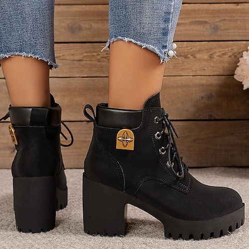 

Women's Boots Platform Boots Combat Boots Daily Solid Color Booties Ankle Boots Winter Lace-up Block Heel Round Toe Fashion Casual PU Lace-up Black Brown