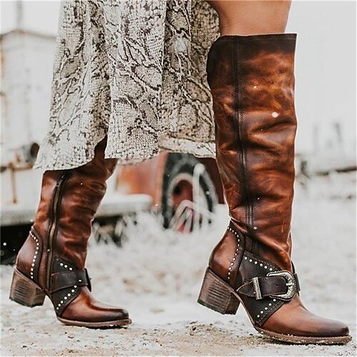 

Women's Boots Motorcycle Boots Plus Size Work Boots Outdoor Daily Knee High Boots Buckle Chunky Heel Round Toe Elegant Vintage Casual Faux Leather Zipper Black Brown Khaki