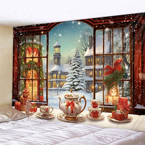 

Christmas Window Tea Set Hanging Tapestry Wall Art Xmas Large Tapestry Mural Decor Photograph Backdrop Blanket Curtain Home Bedroom Living Room Decoration