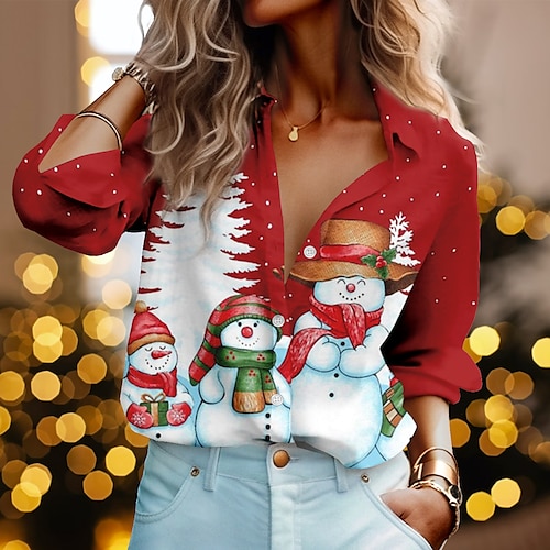 

Christmas Shirt Women's Shirt Blouse Snowman Red Blue Green Button Print Long Sleeve Party Christmas Casual Festival / Holiday Shirt Collar Regular Fit Spring Fall