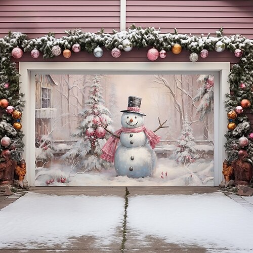 

Cubierta de puerta de garaje al aire libre de Navidad, muñeco de nieve rosa, pancarta de puerta de Navidad, mural de puerta grande para fiesta, decoración de fondo de Navidad para vacaciones,