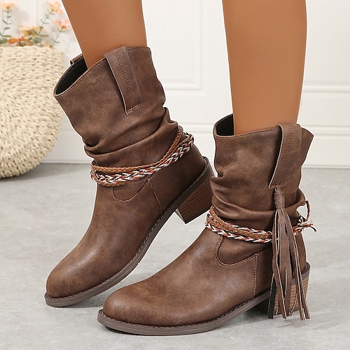 

Damen Stiefel Cowboy Westernstiefel Slouchy-Stiefel Übergrössen Outdoor Täglich Feste Farbe Stiefel mit mittlerer Wade Winter Band-Bindung Quaste Blockabsatz Runde Zehe Elegant Vintage Brautkleider