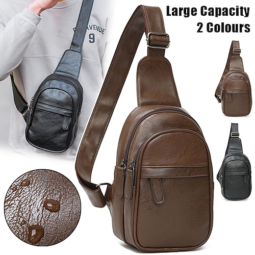 

Men's Crossbody Bag Shoulder Bag Chest Bag PU Leather Outdoor Daily Holiday Zipper Large Capacity Waterproof Lightweight Solid Color Black Brown