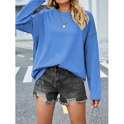 

Women's Pullover Sweater Jumper Crew Neck Ribbed Knit Acrylic Oversized Fall Winter Regular Outdoor Daily Going out Stylish Casual Soft Long Sleeve Solid Color Black Blue Green S M L