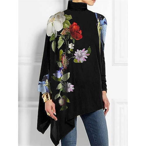 

Women's T shirt Tee Floral Holiday Weekend Print Asymmetrical Black Long Sleeve Fashion High Neck Spring & Fall