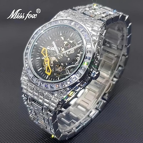 

1pc Luxury Automatic Watch Men's Hip Hop Diamond Hollow Mechanical Men's Party Iced Waterproof Men's Watch