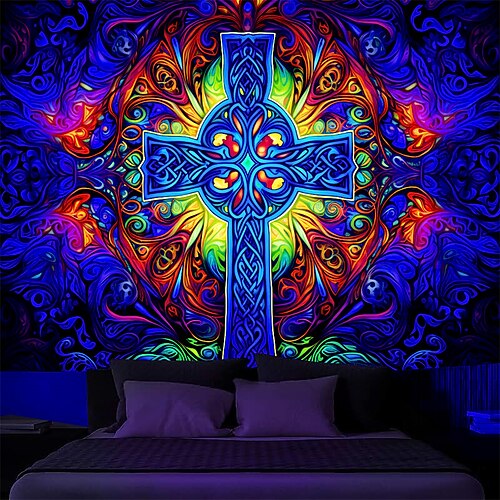 

Tapeçaria de luz negra brilho reativo uv na cruz trippy enevoada natureza paisagem tapeçaria suspensa mural de arte de parede para sala de estar quarto