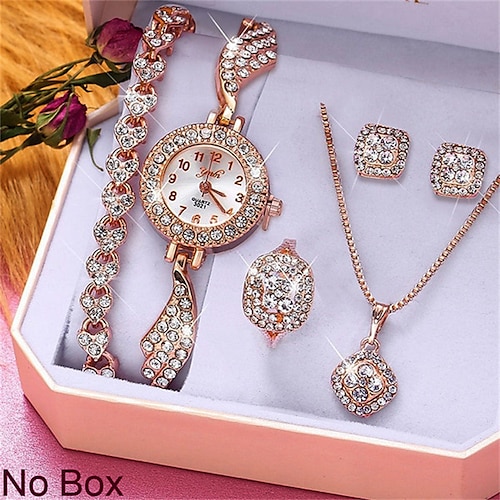 

Conjunto de joyería decorativa con diamantes de imitación para mujer, 5 uds., correa de poliuretano pu verde, reloj de cuarzo con esfera redonda a la moda