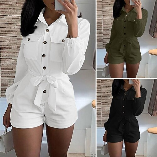 

Women's Romper Button Pocket Solid Color Shirt Collar Active Street Daily Regular Fit Long Sleeve White S M L Fall