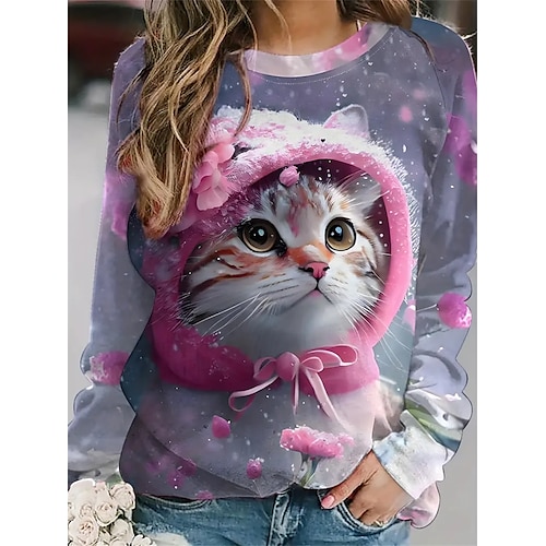 

Weihnachts-Sweatshirt Damen Sweatshirt Pullover Zur Seite fahren Katze Aktiv Sportbekleidung Bedruckt Rosa Rote Purpur Casual Sport Rundhalsausschnitt Langarm Oberteil Mikro-elastisch Herbst Winter