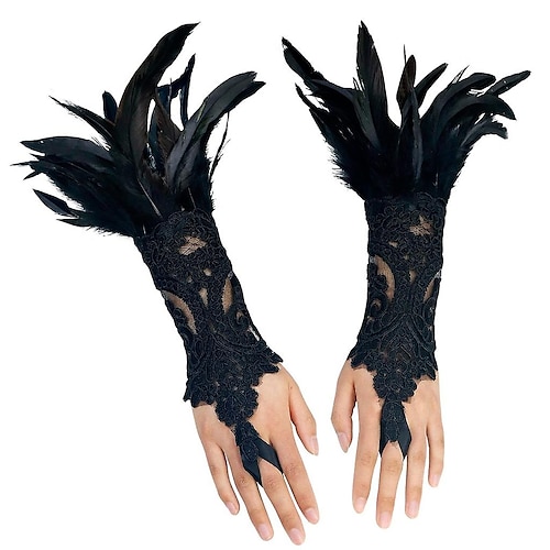 

1 Pair Feather Lace Long Gloves Retro Vintage Punk & Gothic Witch Maleficent Women's Cosplay Costume Masquerade Party Evening Accessories