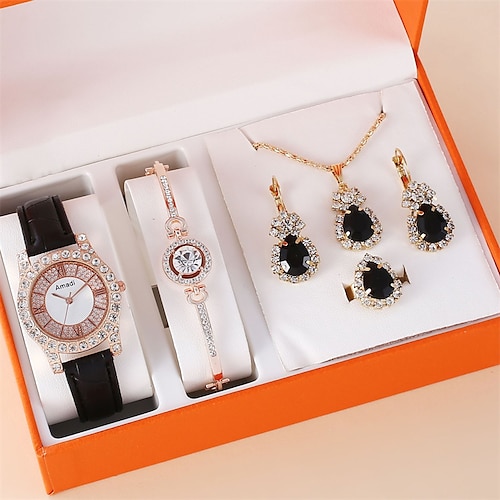 

Juego de 5 uds de relojes para mujer, reloj de pulsera analógico informal con correa de cuero, pulsera, colgantes, pendientes, conjunto de regalo con caja