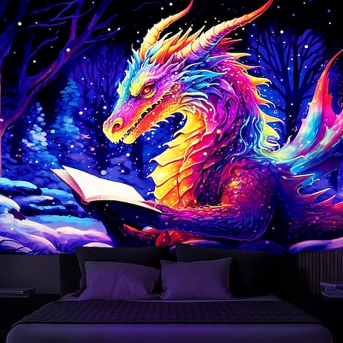 

Dragon Books Blacklight Tapestry UV Reactive Glow in the Dark Trippy Forest Misty Nature Landscape Hanging Tapestry Wall Art Mural for Living Room Bedroom