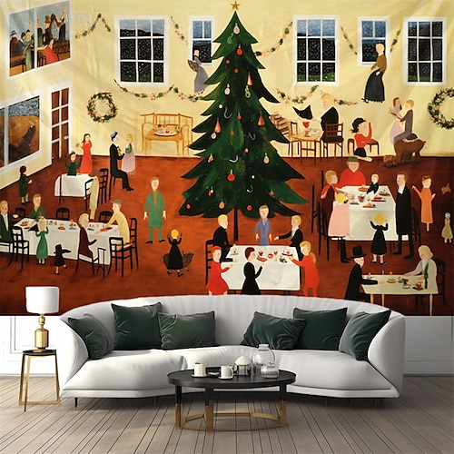 

Christmas Illustration Hanging Tapestry Wall Art Xmas Large Tapestry Mural Decor Photograph Backdrop Blanket Curtain Home Bedroom Living Room Decoration