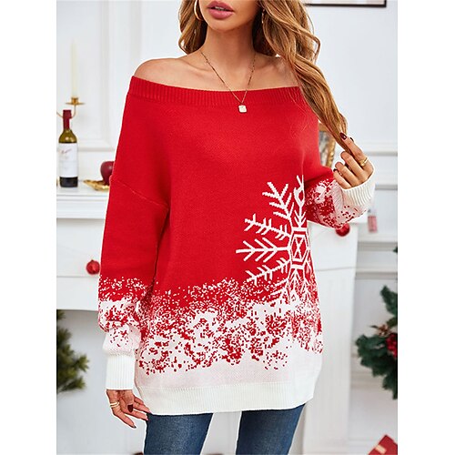 

Pull de Noël moche Femme A côtes Tricoter Col Ras du Cou Acrylique Patchwork Automne Hiver Normal Extérieur Noël du quotidien mode Décontractées Flexible manche longue Motif de flocon de neige Rouge