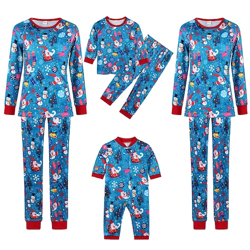 

Familie Weihnachten Pyjamas Graphic Weihnachtsmuster Heim Bedruckt Blau Langarm Mama und ich Outfits Aktiv Passende Outfits