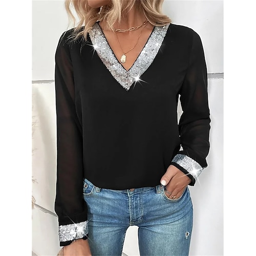 

Women's Shirt Blouse Sparkly Black Red Sequins Long Sleeve Party Casual Fashion V Neck Regular Fit Fall Winter