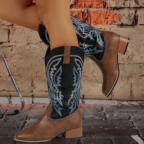 

Mulheres Botas Botas Cowboy Tamanhos Grandes Ao ar livre Trabalho Diário Bloco de cor Botas Longas Inverno Tachas Bordado Salto de bloco Salto Robusto Dedo Apontado Ponta quadrada Elegante Vintage