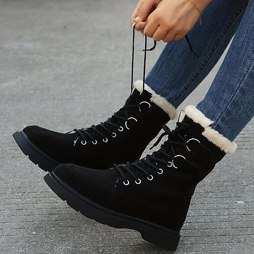 

Women's Boots Biker boots Combat Boots Plus Size Outdoor Daily Solid Color Fleece Lined Booties Ankle Boots Winter Lace-up Platform Flat Heel Round Toe Elegant Vintage Comfort Faux Leather Lace-up