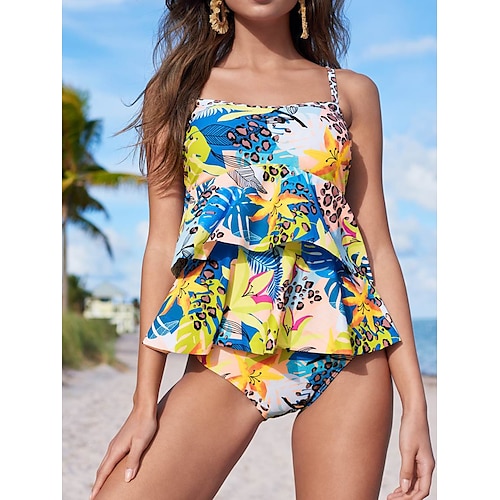 

Women's Swimwear Tankini 2 Piece Normal Swimsuit Ruffle 2 Piece Printing Floral Yellow Bathing Suits Sports Beach Wear Holiday