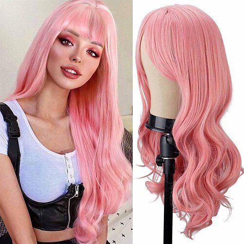 

Rosa Perücken für Frauen, lange Perücke, synthetische rosa Perücke mit Pony, 61 cm, gewellte Perücke, lockige Perücken für weiße Frauen, Cosplay-Perücke (#rosa)