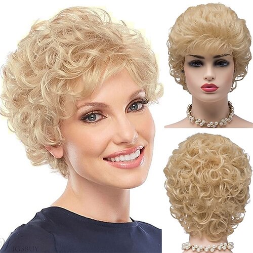 

Perruques synthétiques bouclées blondes courtes pour vieille dame, perruque ondulée pour femmes, cheveux naturels, perruque pour costume cosplay fête quotidienne