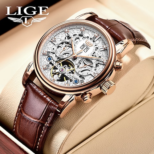 

LIGE Luxury Genuine Leather Self-Wind Mechanical Watches Men's Watch Waterproof Relojes