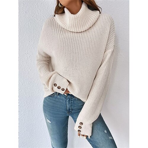 

Women's Pullover Sweater Jumper Turtleneck Ribbed Knit Acrylic Oversized Fall Winter Regular Outdoor Daily Going out Stylish Casual Soft Long Sleeve Solid Color Apricot S M L