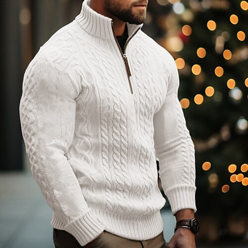 

Christmas Sweaters Men's Pullover Sweater Jumper Cable Knit Regular Knitted Quarter Zip Plain Stand Collar Modern Contemporary Xmas Work Clothing Apparel Winter Black White M L XL