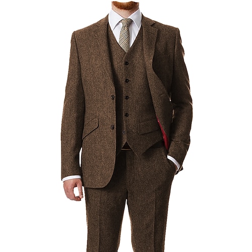 

Herren-Tweed-Anzüge mit Fischgrätenmuster, Retro-Vintage, 3-teiliger Hochzeitsanzug, Übergröße, einreihig, zwei Knöpfe, Braun, Grüner Kaffee, 2023