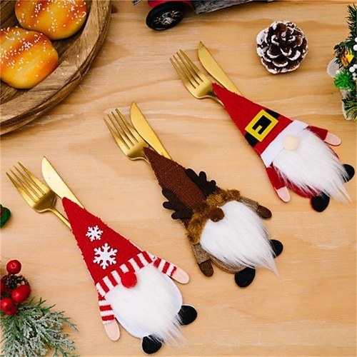 

3PCS Christmas Decorations Tableware Knife And Fork Sets No Face Doll Home Dining Table Decoration Dwarf Knife And Fork Sets