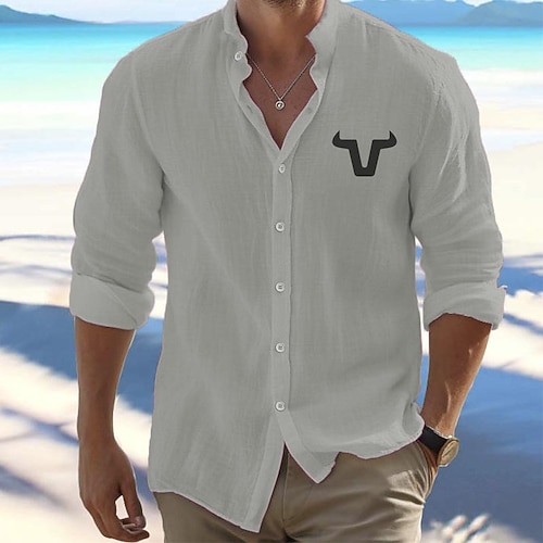 Per uomo Lino Misto cotone e lino Camicia camicia di lino Camicia con bottoni Dallas Cowboys Stampa Manica lunga Colletto Mao Nero, Bianco, Blu scuro 