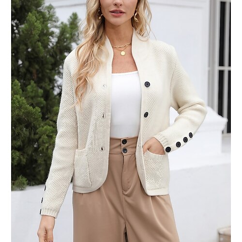 

Damen Strickjacke Ständer Waffel Stricken Polyester Taste Strick Herbst Winter Standard Outdoor Täglich Ausgehen Modisch Strassenmode Brautkleider schlicht Langarm Feste Farbe Beige S M L