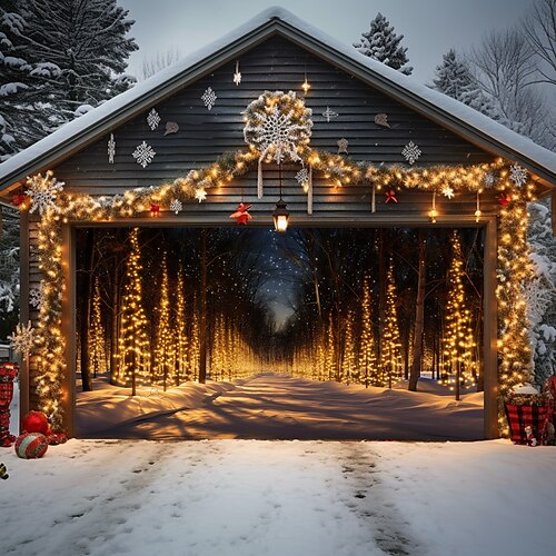 

Cubierta de puerta de garaje al aire libre de Navidad, bosque de árboles dorados, pancarta de puerta de Navidad, mural de puerta grande para fiesta, decoración de fondo de Navidad para vacaciones,