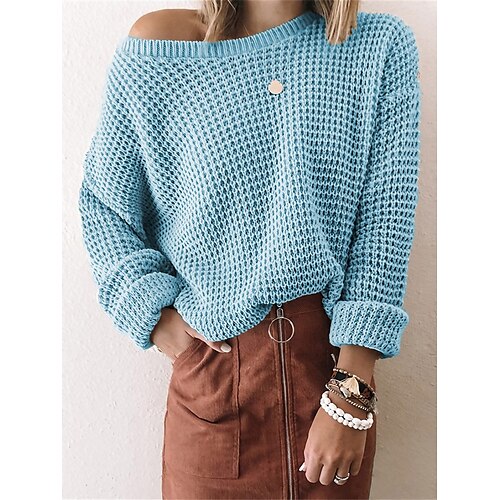 

Pull Femme Crocheté Tricoter Col Ras du Cou Acrylique Tricoté Automne Hiver Normal Extérieur du quotidien Sortie Mode Décontractées Flexible manche longue Couleur unie Noir Blanche Bleu S M L