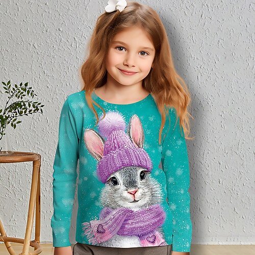 

chica 3d conejo camiseta manga larga 3d estampado verano primavera activo moda lindo poliéster niños 3-12 años cuello redondo al aire libre casual diario regular fit