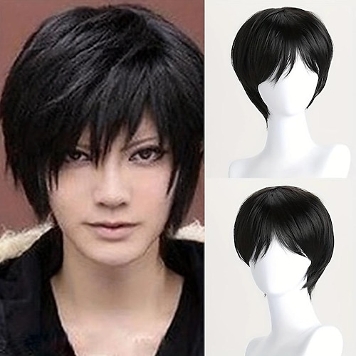 

1pc Herren Perücke Anime Cosplay kurze schwarze Perücke, schwarze hitzebeständige Kunsthaar Halloween Party Perücken