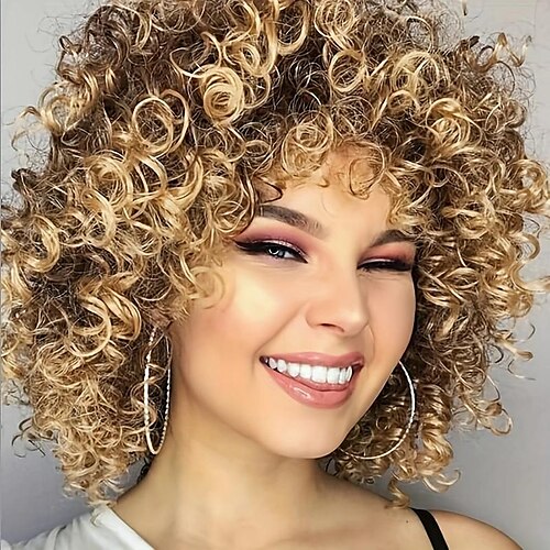 

Afro-Perücken mit lockigem Haar und Pony, braun-blond, gemischte Perücke, schulterlange lockige Perücken für Frauen, synthetische Faser, verworrene lockige Perücke für den täglichen Gebrauch, 30,5 cm