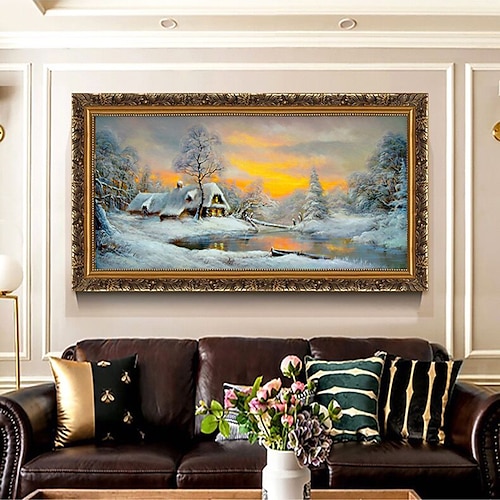 

Pintura al óleo hecha a mano lienzo arte de la pared decoración paisaje clásico pueblo escena de nieve para la decoración del hogar enrollado sin marco pintura sin estirar regalo de Navidad