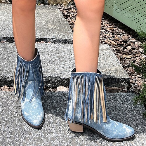 

Femme Bottes Bottes Cow boy Grandes Tailles Soirée Extérieur Bottines Bottines Talon Bottier Bout rond Vacances Rétro Vintage Mode Toile de jean Mocassins Noir Bleu de minuit Bleu clair