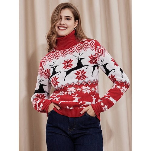 

Chandails de Noël Femme A côtes Tricoter Col Roulé Polyester Tricoté Automne Hiver Normal Extérieur Intérieur Noël Mode Vêtement de rue Décontractées manche longue Chaque Motif de flocon de neige