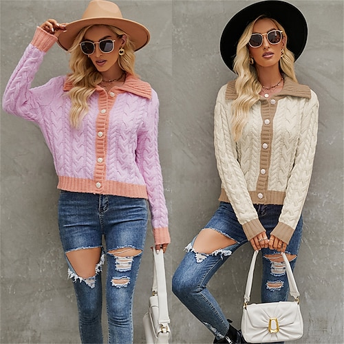 

Gilet Cardigan Femme torsadé Tricoter Col de Chemise Polyester Patchwork Bouton Tricoté Automne Hiver Normal Extérieur du quotidien Sortie Mode Vêtement de rue Décontractées manche longue Bloc de