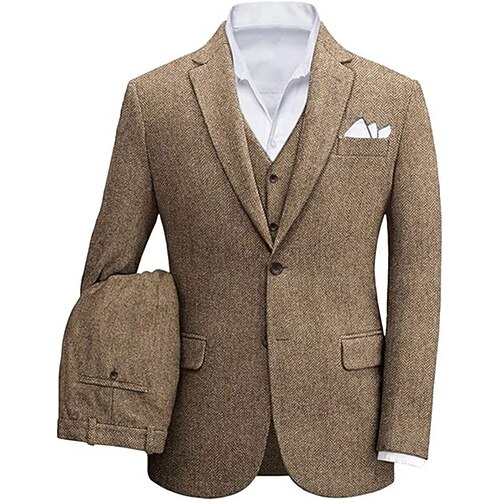 

Combinaisons en tweed Homme Mariage Ensemble de 3 pièces Marron Vert Gris à Chevrons Grandes Tailles Droit deux boutons 2023