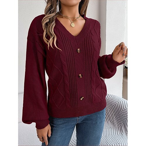 

Damen Pullover V Ausschnitt Gedrehtes Stricken Acryl Taste Herbst Winter Standard Outdoor Täglich Ausgehen Stilvoll Brautkleider schlicht Weich Langarm Feste Farbe Weinrot Weiß Armeegrün S M L