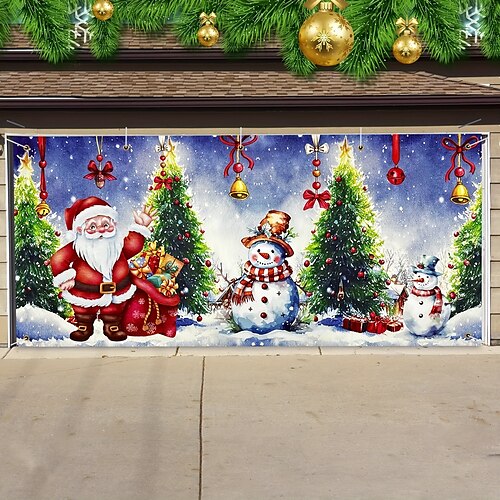 

Christmas Decorations Outdoor Garage Door Cover Xmas Door Banner Santa Snowman Large Door Mural Christmas Backdrop Decoration for Holiday Home Wall Decorations