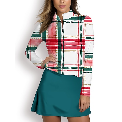 

Mujer Camisas de polo Rojo Manga Larga Protección Solar Camiseta Plaid Otoño Invierno Ropa de golf para damas Ropa Trajes Ropa Ropa